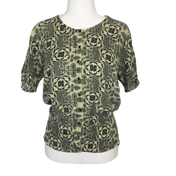Grace Black and Tan Printed Short Sleeve Button Down Grandma Core Knit Top (L) - Picture 2 of 16